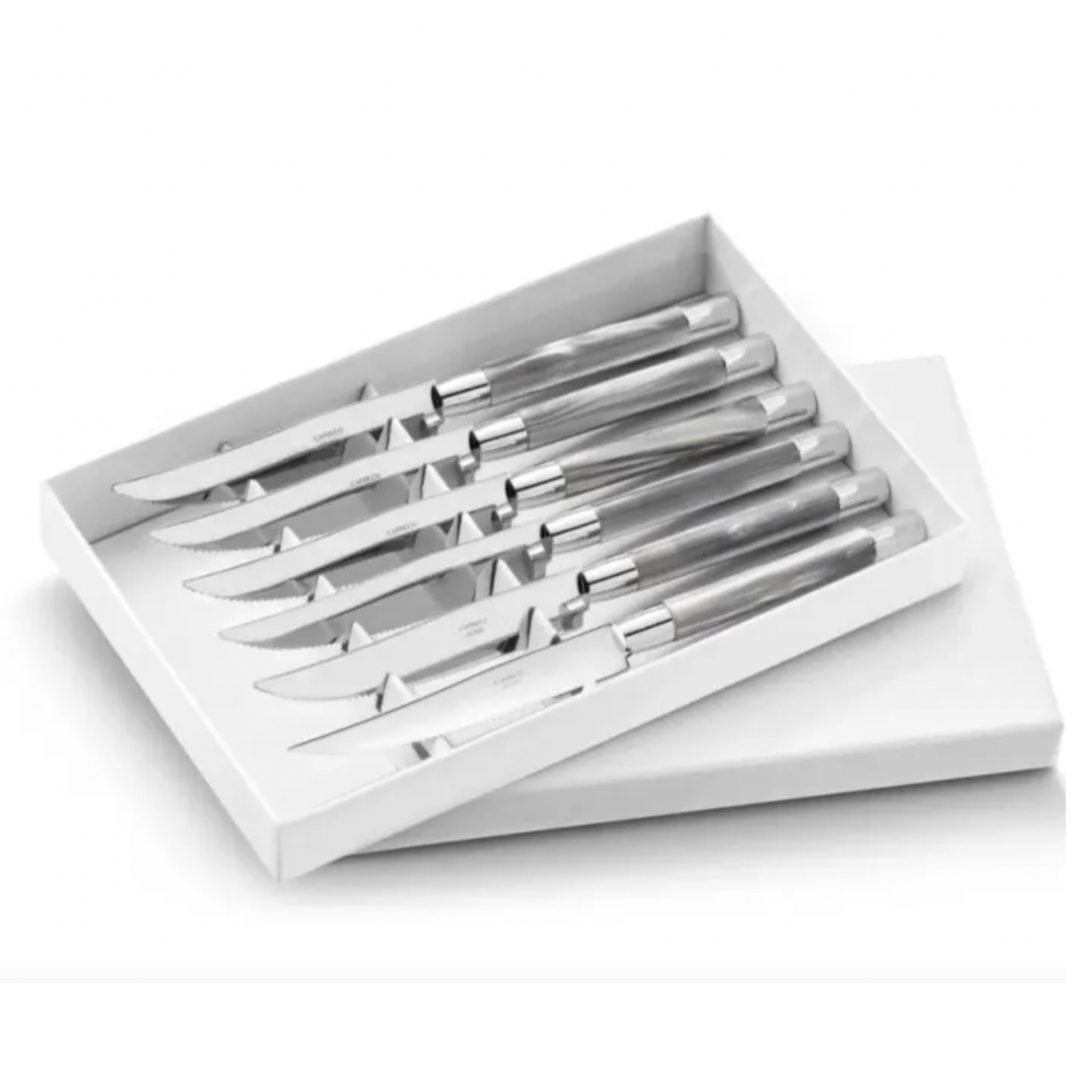 The Capdeco Conty Steak Knives Set of 6 features stainless steel blades, neatly arranged in a white box with the lid propped beneath—a refined example of French-made flatware.