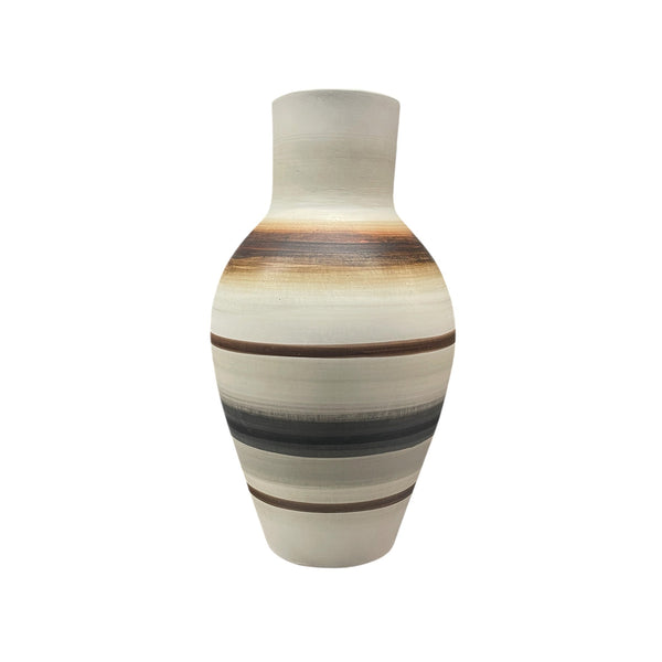 Add modern earthy charm to your artisanal decor with the Carina Vase- Large by Mood Dekor, a ceramic piece featuring a narrow neck and horizontal brown, beige, and black stripes on a cream background.