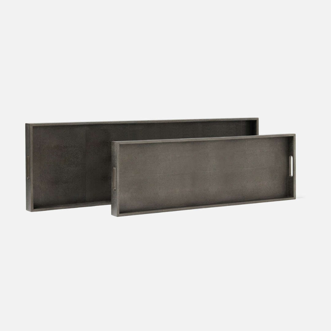 Two rectangular Emery Console Tray Smoke pieces in smoke faux shagreen with integrated side handles, shown stacked offset from one another.