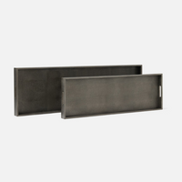 Two rectangular Emery Console Tray Smoke pieces in smoke faux shagreen with integrated side handles, shown stacked offset from one another.