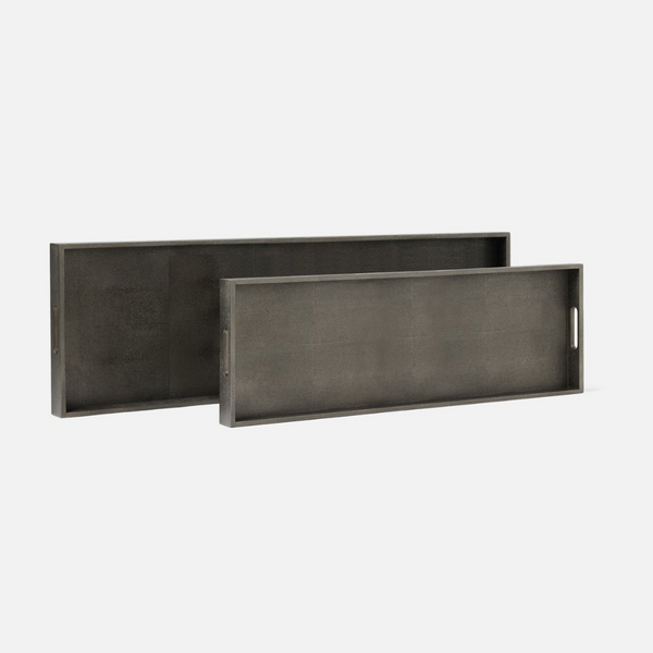 Two rectangular Emery Console Tray Smoke pieces in smoke faux shagreen with integrated side handles, shown stacked offset from one another.