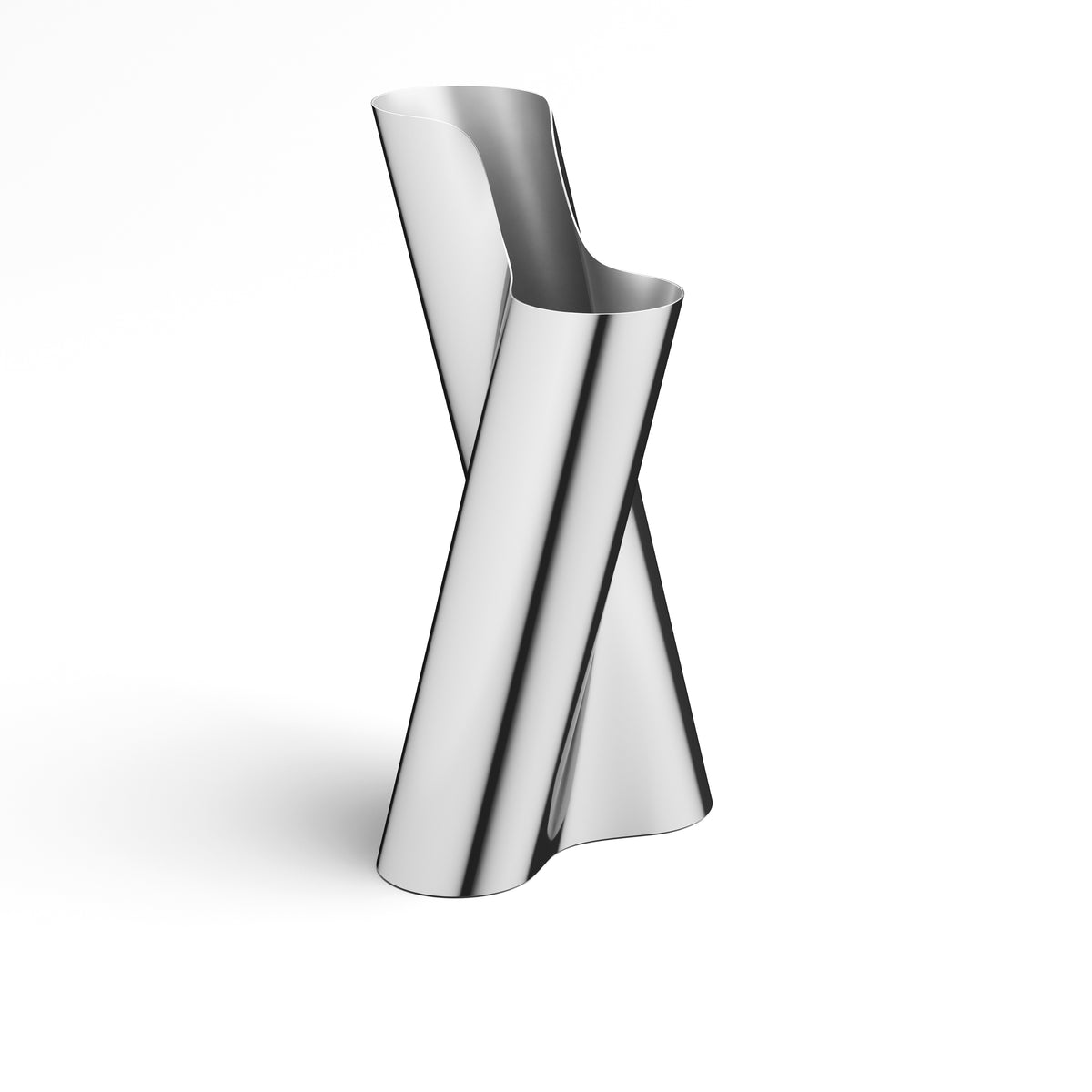 A sleek, modern Georg Jensen Lituus Vase featuring a twisted, sculptural design, crafted from hand-polished stainless steel and standing elegantly against a white background.