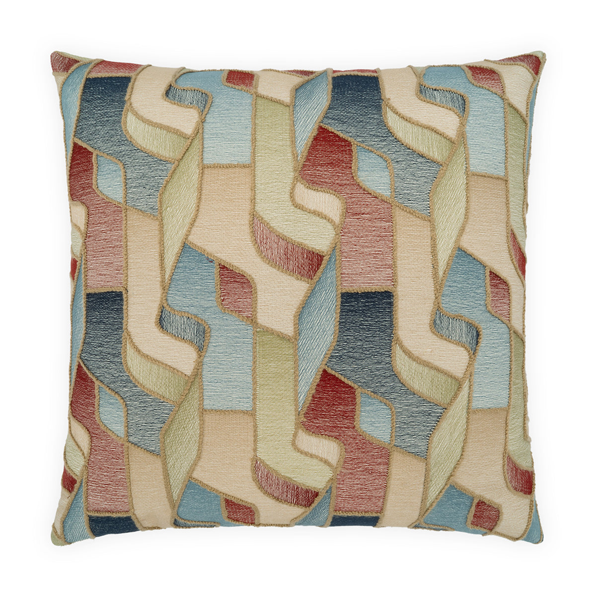 The Tessella Pillow by D.V. KAP / Canaan Company features an abstract geometric pattern in beige, blue, red, and gold with a textured, embroidered look for a stylish contemporary accent.