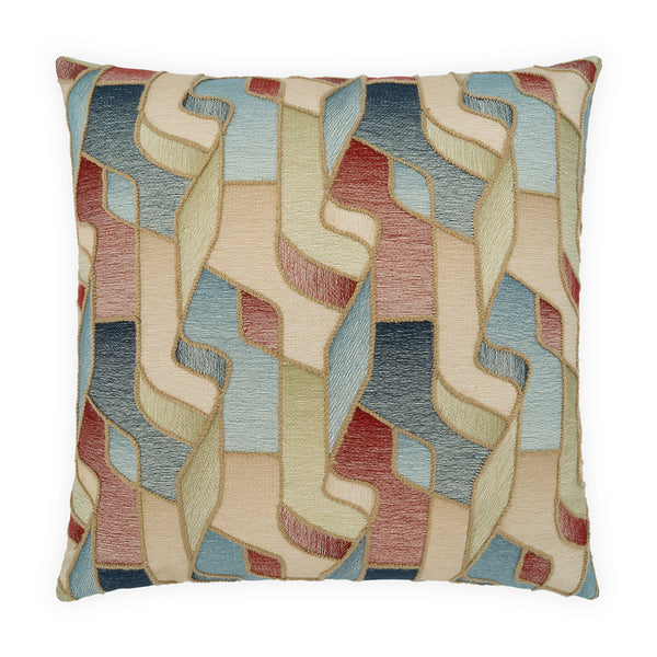 The Tessella Pillow by D.V. KAP / Canaan Company features an abstract geometric pattern in beige, blue, red, and gold with a textured, embroidered look for a stylish contemporary accent.