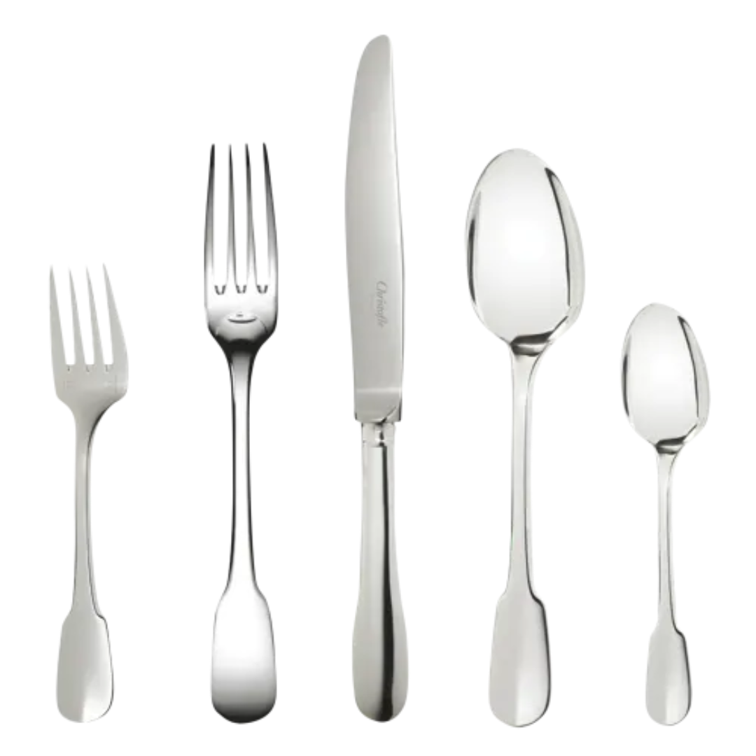 The Christofle Cluny Flatware 5 Piece Setting in silver plate features a salad fork, dinner fork, dinner knife, soup spoon, and teaspoon arranged on a white background.