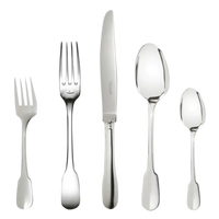 The Christofle Cluny Flatware 5 Piece Setting in silver plate features a salad fork, dinner fork, dinner knife, soup spoon, and teaspoon arranged on a white background.