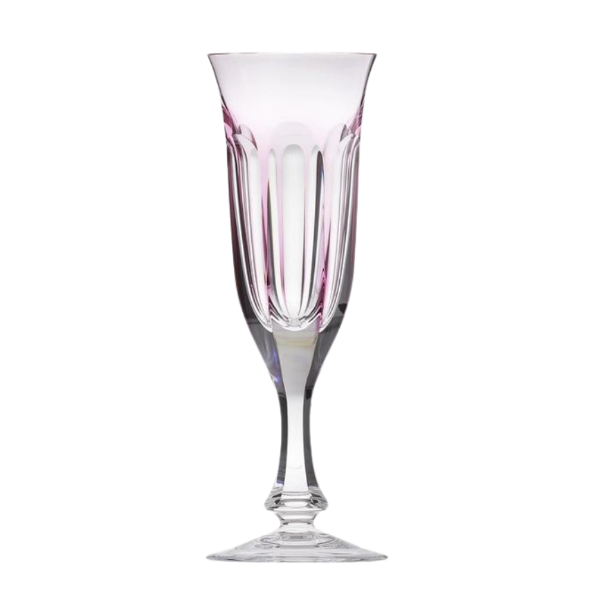 The Moser Lady Hamilton Champagne Glass (140ml) features hand-cut crystal with a subtle pink tint, faceted design, slender stem, and wide base, highlighting refined craftsmanship. Shown isolated on a white background.
