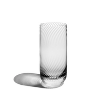The Optic Glassware Clear Set of 2 by Richard Brendon features clear, cylindrical ribbed tumblers with a textured diagonal design—ideal for elevating your glassware collection with style and elegance.
