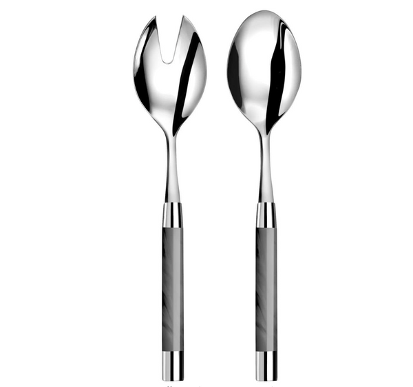 The Capdeco1 Conty Salad Serving Set Grey includes two French-made 18/10 stainless steel salad servers with shiny finishes and gray handles: one slotted spoon and one regular spoon.
