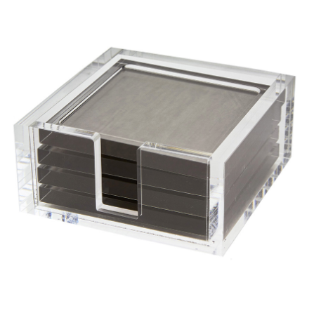 The Tizo Acrylic Coaster Set Metallic features a clear acrylic holder with square, dark metallic coasters and a side cutout for easy access.