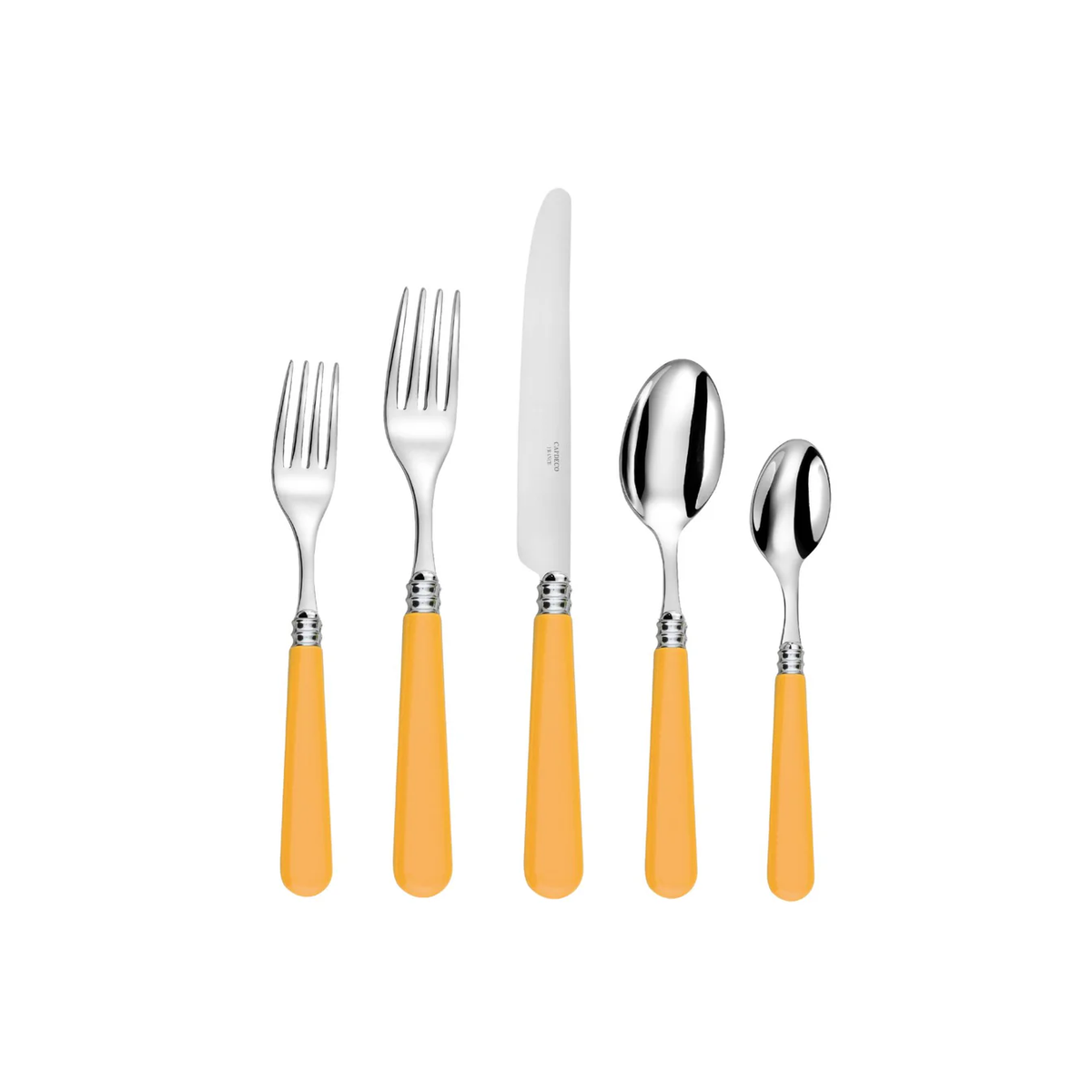 The Capdeco Altea Flatware 5 PPS set features yellow-handled high-quality steel pieces—two forks, a knife, a tablespoon, and a teaspoon—arranged side by side on a white background.