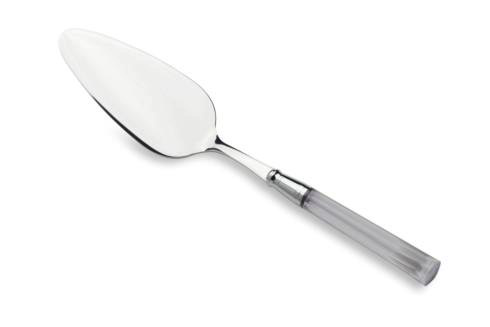 A metal cake server with a shiny, triangular blade and a clear handle rests on a white background, showcasing the timeless style of Doric Serving Utensils by Capdeco.