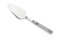 A metal cake server with a shiny, triangular blade and a clear handle rests on a white background, showcasing the timeless style of Doric Serving Utensils by Capdeco.