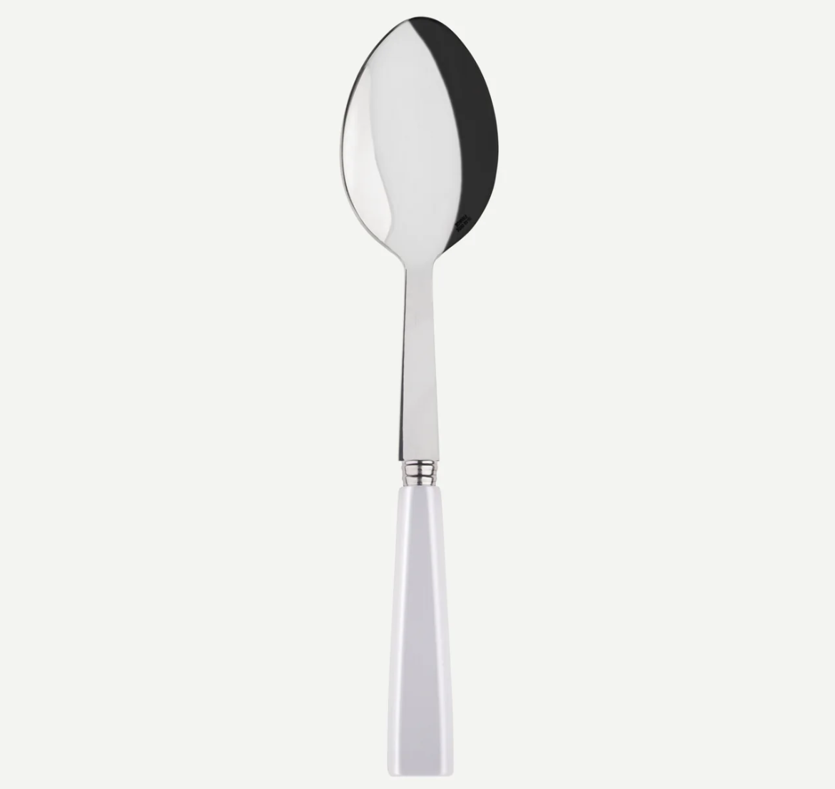 The Sabre Icone White Serving Spoon features a shiny, stainless steel bowl and a straight white handle, shown against a plain white background.