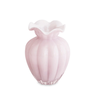 The Glass Vento Vase Camellia - Large by Beatriz Ball features translucent, pale pink glass with vertical ridges and a ruffled, flared rim, displayed against a white background.