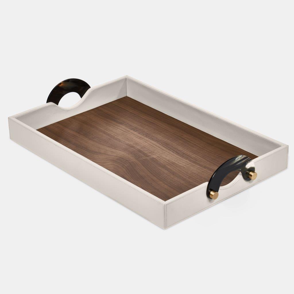 The Maeve Rectangle Tray by Luho features white sides, a wooden base, and two black curved handles with gold accents—shown here on a plain white background.