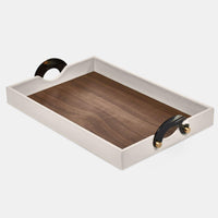 The Maeve Rectangle Tray by Luho features white sides, a wooden base, and two black curved handles with gold accents—shown here on a plain white background.