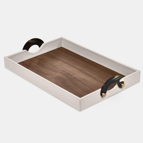 The Maeve Rectangle Tray by Luho features white sides, a wooden base, and two black curved handles with gold accents—shown here on a plain white background.