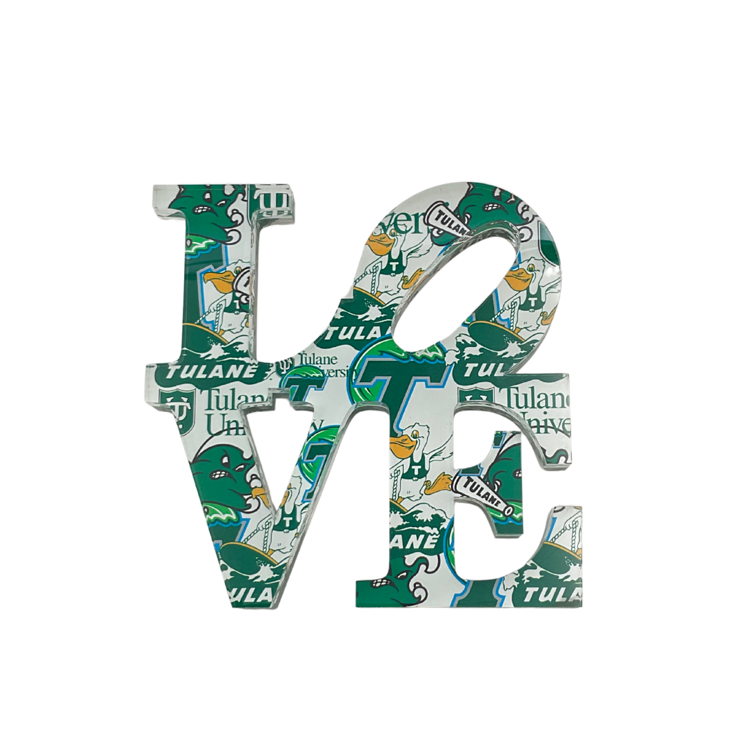 The Eye Candy College Love Sculpture features large LOVE letters adorned with Tulane University text, logos, and mascot in school colors—an ideal graduation gift or custom decor for any dedicated fan.