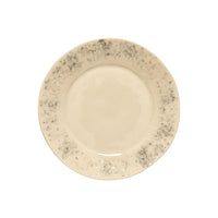 The Costa Nova Madeira Dinnerware Cream is a round, beige stoneware plate with a subtle speckled gray rim, expertly handcrafted in Portugal, shown on a white background.