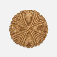 The Amelia Natural Round Placemat Set of 4 by Blue Pheasant features round, woven sisal placemats with frilled edges, crafted from natural straw and shown against a plain white background.