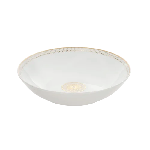The Christofle Malmaison Imperiale Porcelain Dinnerware Gold dinner plate features a gold decorative rim and central gold design, crafted in white porcelain for an elegant presentation.