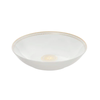 The Christofle Malmaison Imperiale Porcelain Dinnerware Gold dinner plate features a gold decorative rim and central gold design, crafted in white porcelain for an elegant presentation.