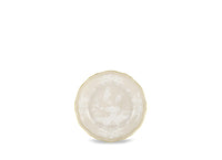 The Ginori 1735 Oriente Italiano Beige Meringa is a decorative porcelain plate with scalloped edges, gold trim, and detailed white floral and classical designs on a light beige background, set against a plain white backdrop.