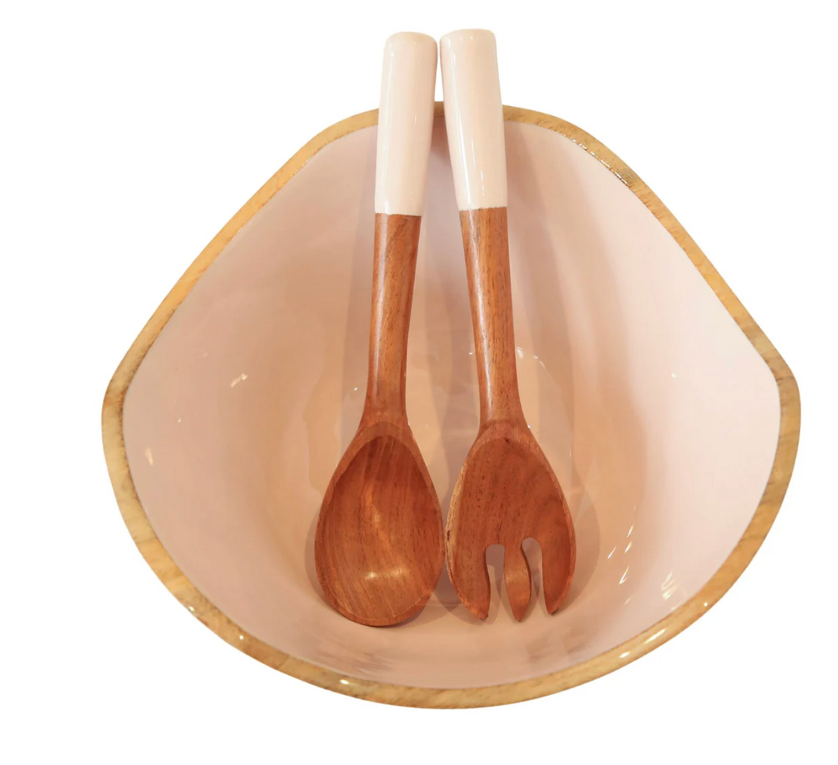 The Montauk Serving Bowl With Servers by Indy Home features a white bowl with a gold rim, holding a handmade wooden salad spoon and fork with white handles, placed side by side inside the bowl.