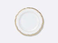 The Bernardaud Pompadour plate is round, white porcelain with a scalloped edge and two gold rims, showcasing classic Limoges craftsmanship. Displayed against a light gray background.