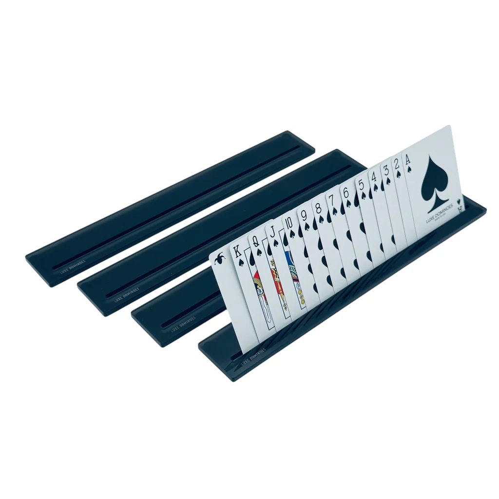 Four Luxe Dominoes Luxe Canasta & More black card racks, designed as organizers, display a full suit of spades from ace to king against a white background.