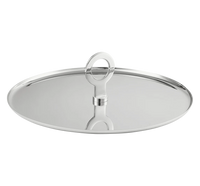 The Oh De Christofle Stainless Steel Appetizer Plate by Christofle boasts a reflective finish and a central upright circular handle—ideal for stylish outdoor serving with contemporary flair.