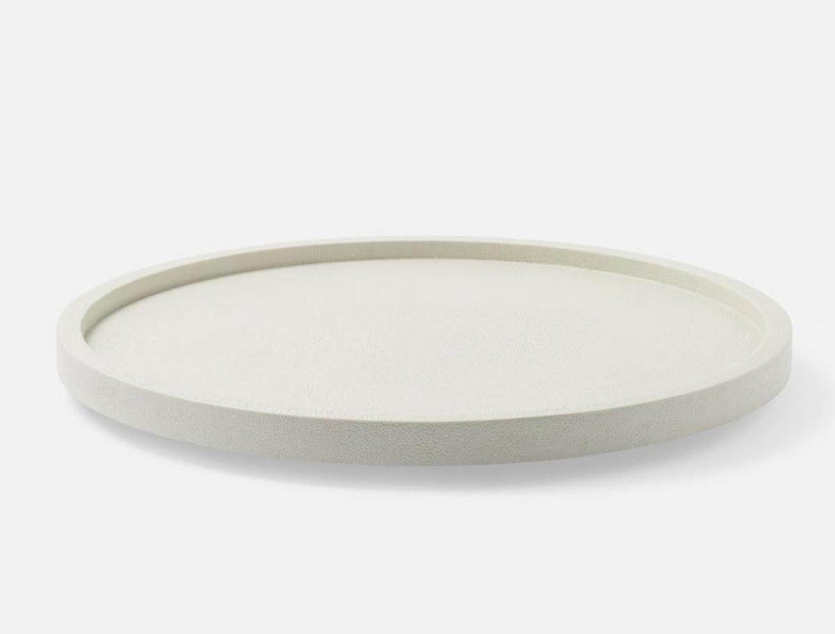 The Calvin Faux Shagreen Lazy Susan White by Blue Pheasant is a simple round tray with a slightly raised rim, shown on a plain white background.