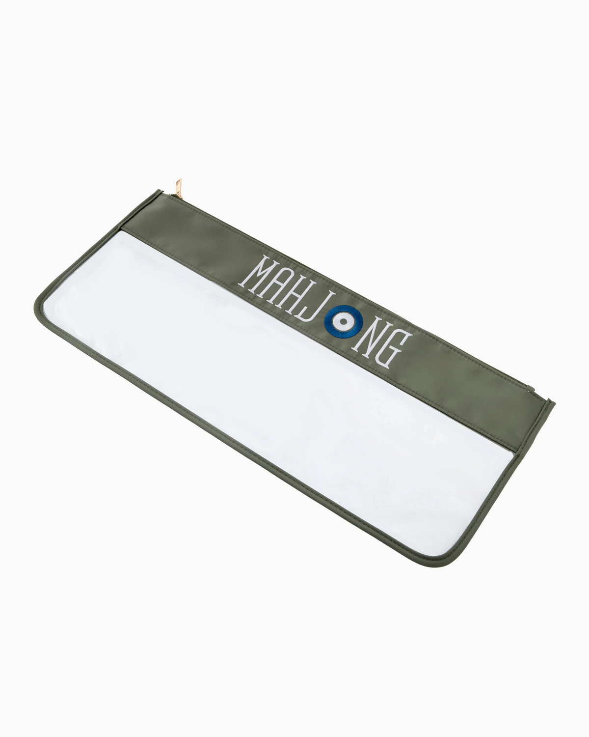 The Oh My Mahjong Mahjong Tile Bag is a rectangular olive green zippered bag with a clear front panel. Featuring "MAHJONG" and an eye symbol in white and blue on top, it's perfect for organizing your Mahjong set.