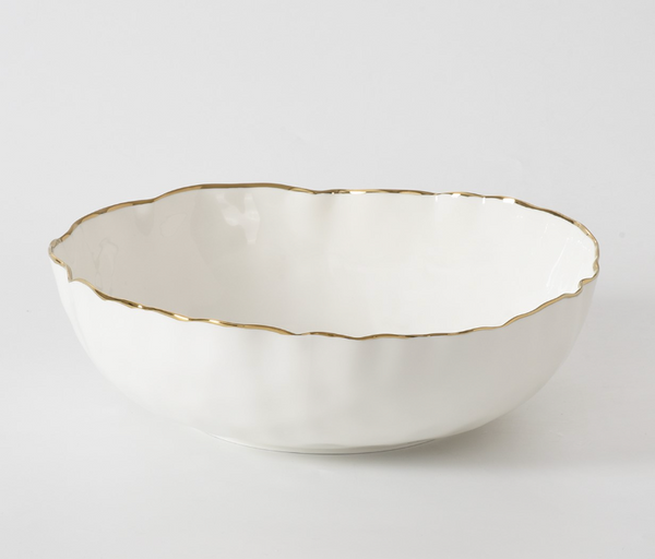 The PAMPA BAY Portofino Serving Bowl features white porcelain with a scalloped, irregular edge and delicate gold trim, shown on a plain white background.