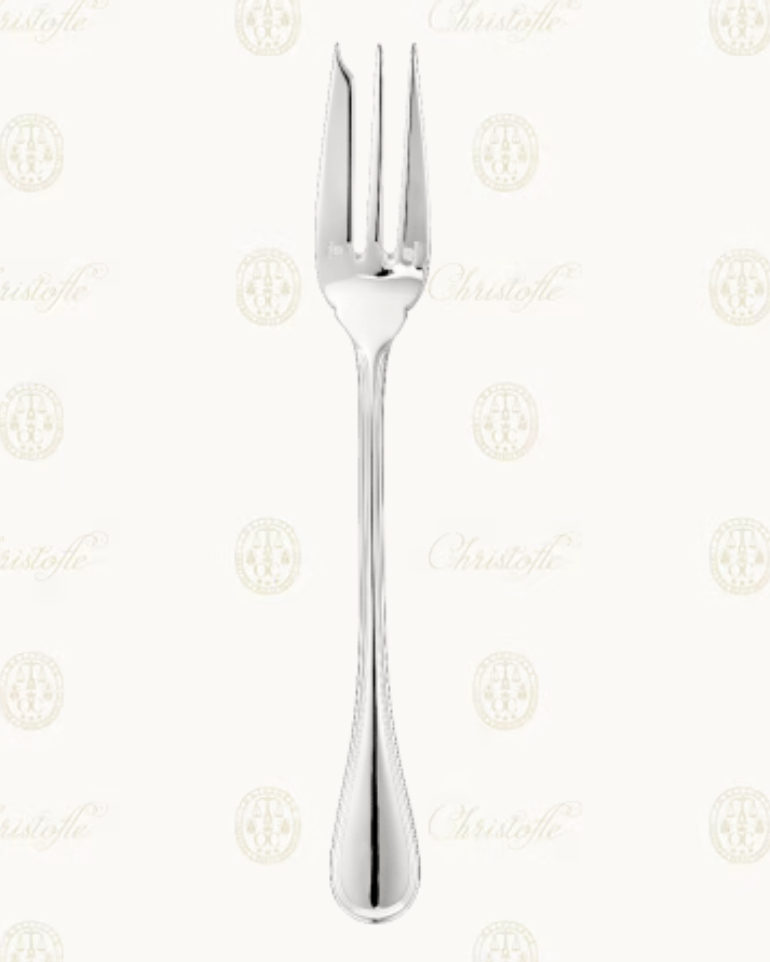 The Albi Serving Pieces - Silver Plated by Christofle features a three-tined caviar server with the signature handle design, shown on a white surface with subtle Christofle logos in the background.