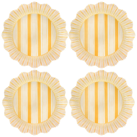 Four Juliska Cabana Stripe Melamine Dinner Plates, set of 4 in Sunshine, feature ruffled edges and cheerful yellow stripes. The shatterproof plates are arranged in a 2x2 grid on a white background.