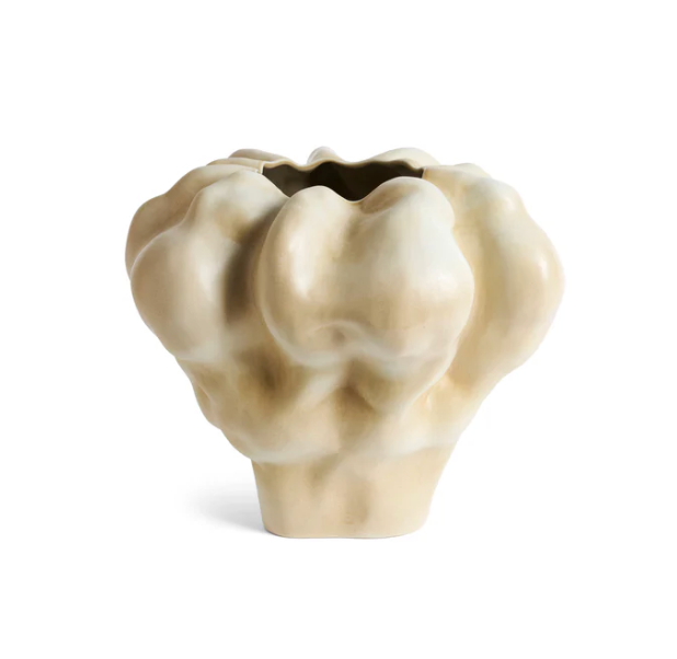 The Timna Vase - Latte - XShort by L'Objet features a cream-colored ceramic body with an irregular, cloud-like shape and wavy rim—ideal as a sculptural accent for any space.