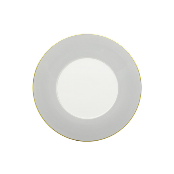 A Lexington Dinnerware-Grey plate by Mottahedeh/Robert Haviland, featuring white ceramic with a light gray rim and a thin gold border, is shown from above on a white background.