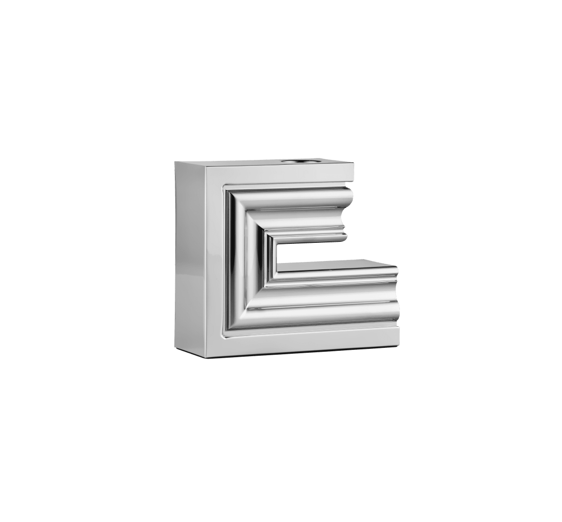 The Perspectives Chrome Candle Holder Large by Christofle features bold geometric lines and a reflective chrome finish. This modern decorative piece stands out against a plain white background, making it a stunning contemporary centerpiece.
