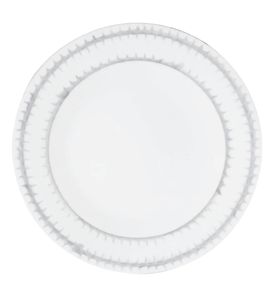 A round white Marie Daâge Rafia 5 dinnerware plate featuring a subtle gray decorative pattern along the rim, crafted from fine porcelain by Marie Daâge, viewed from above on a plain background.