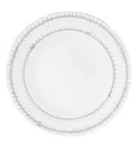A round white Marie Daâge Rafia 5 dinnerware plate featuring a subtle gray decorative pattern along the rim, crafted from fine porcelain by Marie Daâge, viewed from above on a plain background.