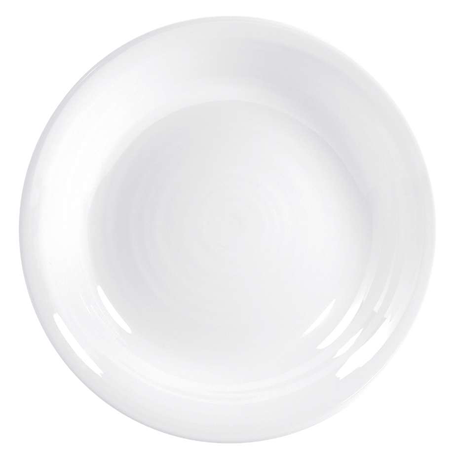 An empty white ceramic plate photographed from above on a white background highlights the timeless elegance of Bernardaud Origine Dinnerware White.