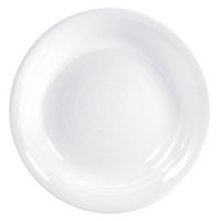 An empty white ceramic plate photographed from above on a white background highlights the timeless elegance of Bernardaud Origine Dinnerware White.