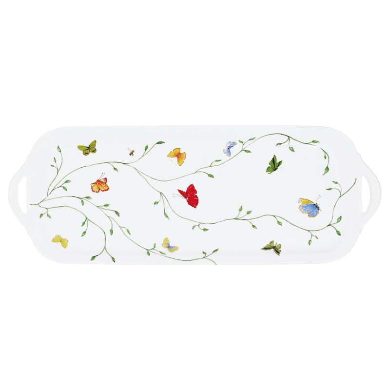 The Raynaud Histoire Naturelle Dinnerware rectangular tray features handles, a white base, and is adorned with a green vine and colorful butterflies—an elegant touch of French excellence for your dining experience.