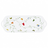 The Raynaud Histoire Naturelle Dinnerware rectangular tray features handles, a white base, and is adorned with a green vine and colorful butterflies—an elegant touch of French excellence for your dining experience.