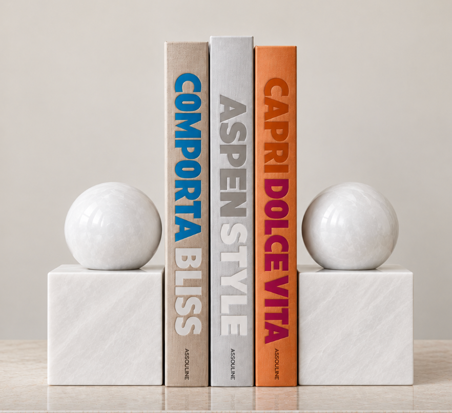 Three large books with vibrant blue, gray, and orange spines stand upright between a pair of Apollo Marble Ball Bookends - Pearl White by Designs by Marble Crafter, each crafted from pearl white stone with square marble bases, set against a plain beige background.