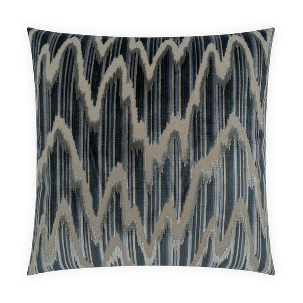 The Turin Pillow by D.V. KAP / Canaan Company is a 22x22 square velvet pillow showcasing a modern zigzag pattern in blue, gray, and beige tones. Vertical and diagonal lines form a dynamic wavy effect across the fabric, adding a sophisticated touch to your decor.