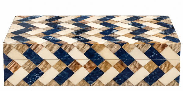 Introducing the Brett Bone Box by A Sanoma Inc — a rectangular box featuring a captivating geometric pattern of blue, beige, and white diamonds on both the lid and sides. This visually striking tiled design brings modern flair to any setting. Perfect as an accent piece, the Brett Bone Box effortlessly elevates your space with its bold, contemporary aesthetic.
