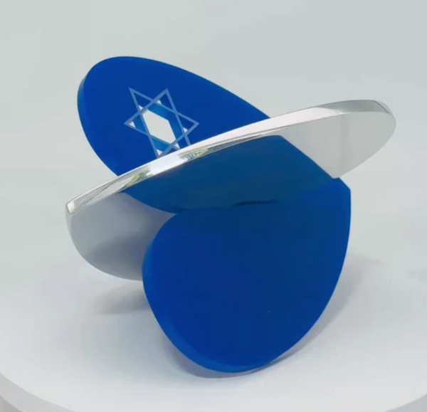 A modern Judaic Interlocking Heart Sculpture (6") by Love Sculptures features an abstract design, perfect as a handcrafted Jewish gift or striking decor, displayed on a white background.